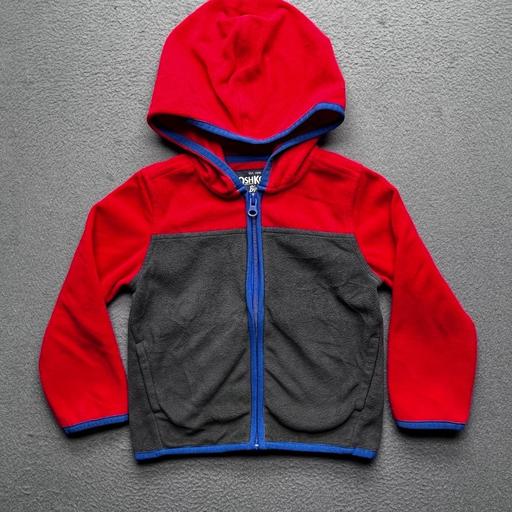 OshKosh B'gosh Boys Fleece Hoodie Polyester 2T Colorblock Red Grey Zip Jacket